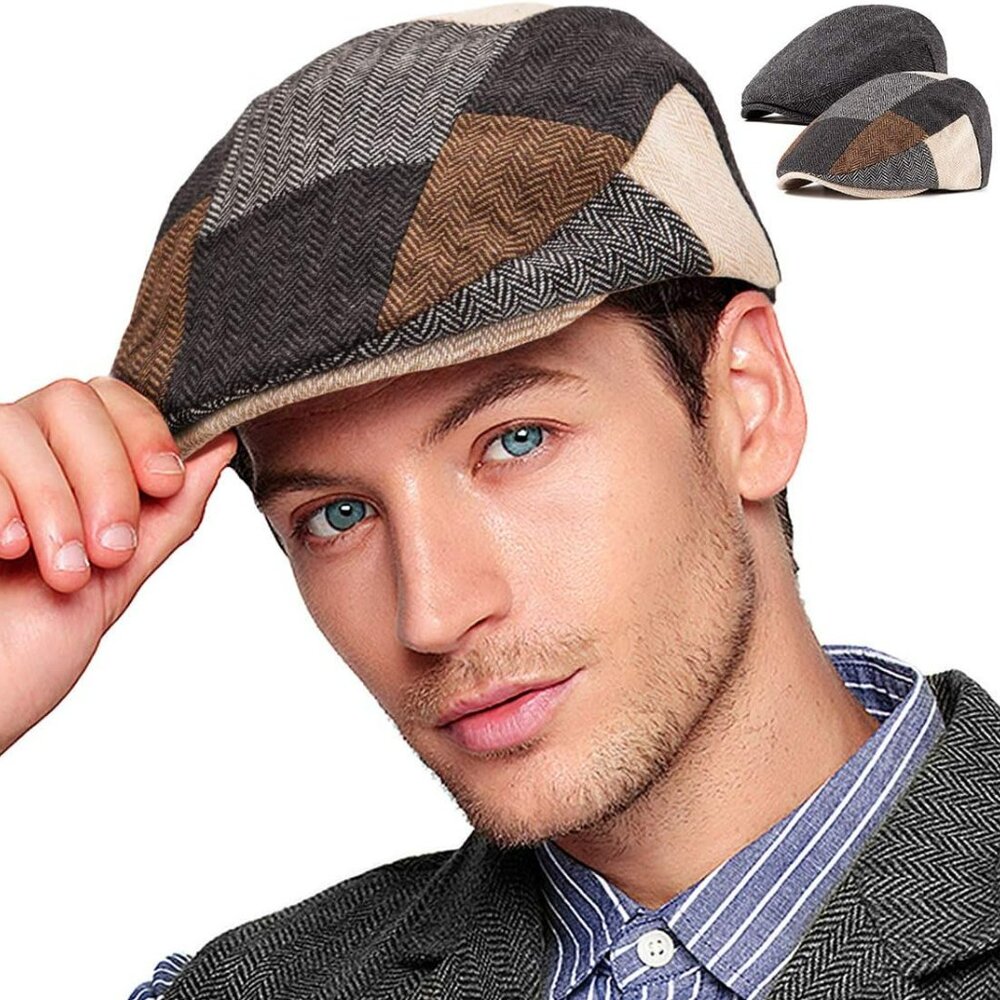 2pack Adjustable Newsboy Hats For Men Flat Cap Irish Cabbie Wool Blend Tweed